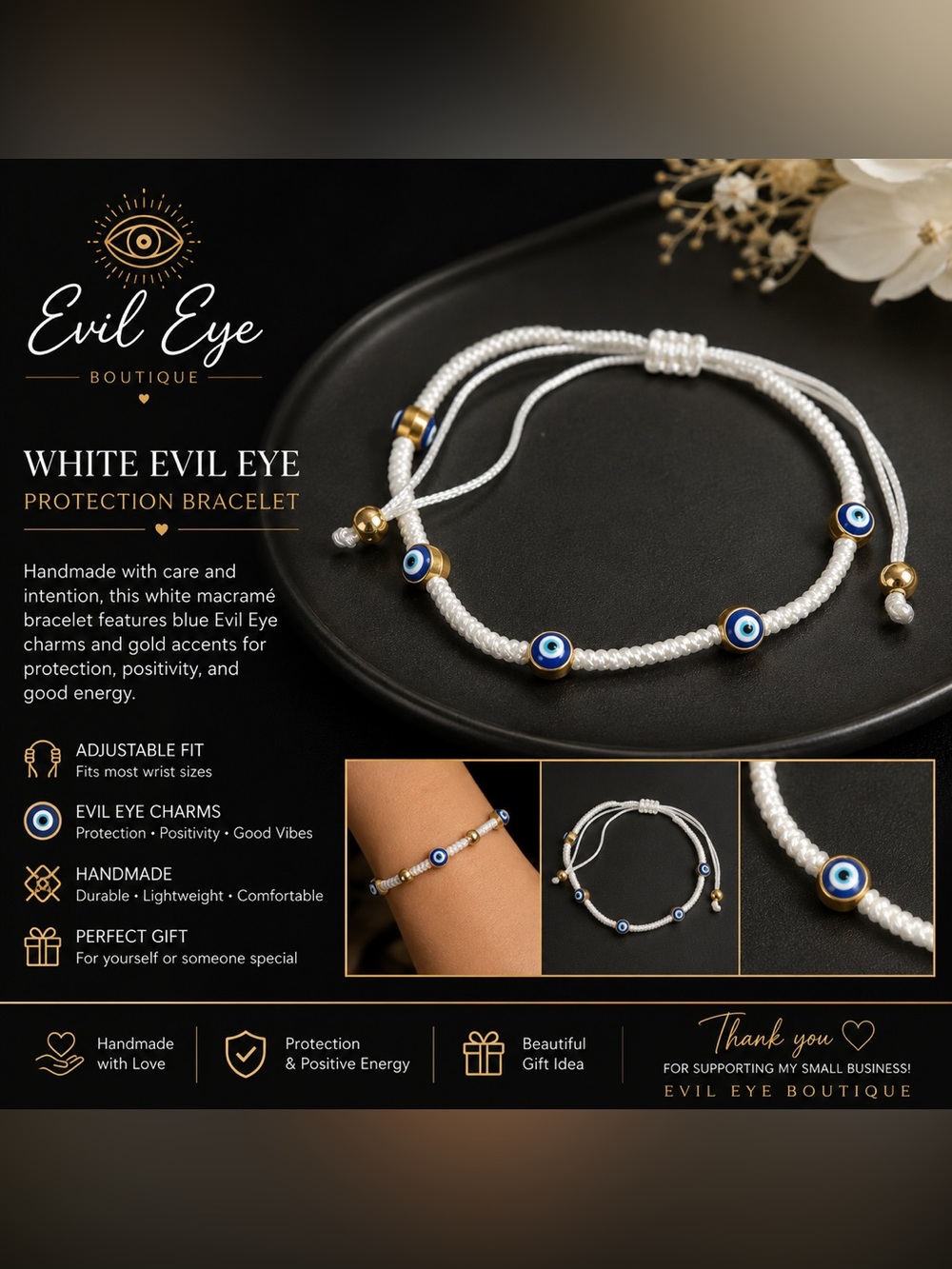 Evil Eye White Macramé Bracelet with Blue Eye Charms